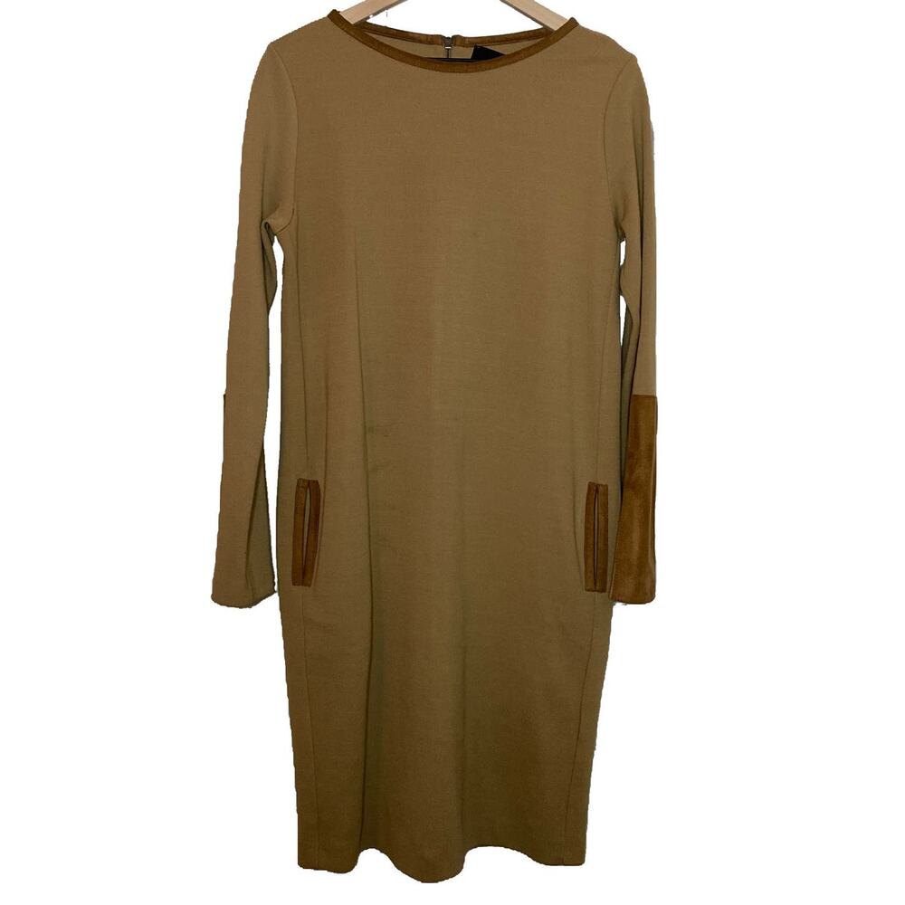 Jo No Fui Women's Tan Suede Trim Wool Blend Business Knee Length Dress 46 US 12